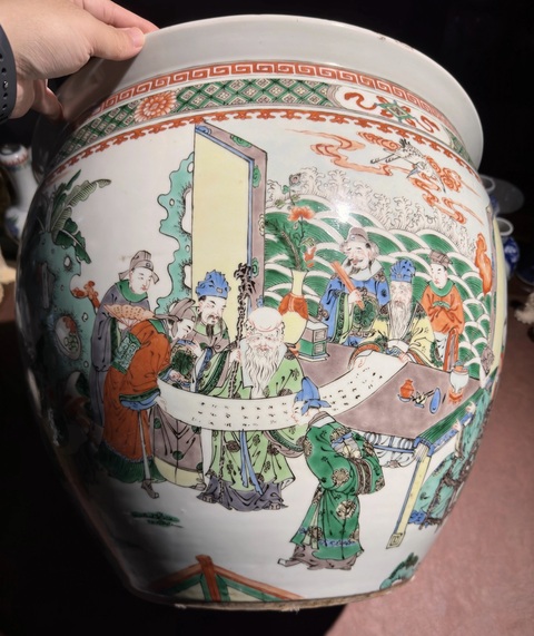 古玩陶瓷五彩人物故事紋案缸真品鑒賞圖