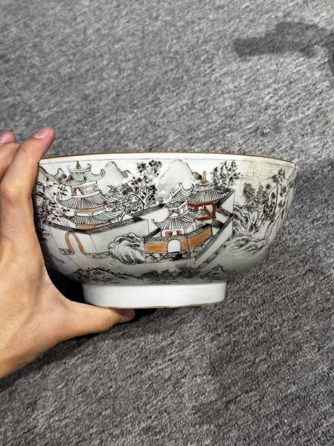 古玩陶瓷樓臺亭閣礬紅墨彩碗真品鑒賞圖