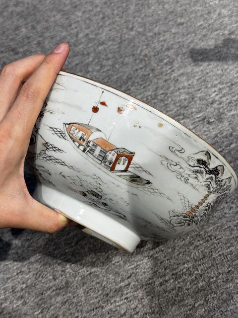 古玩陶瓷樓臺亭閣礬紅墨彩碗真品鑒賞圖