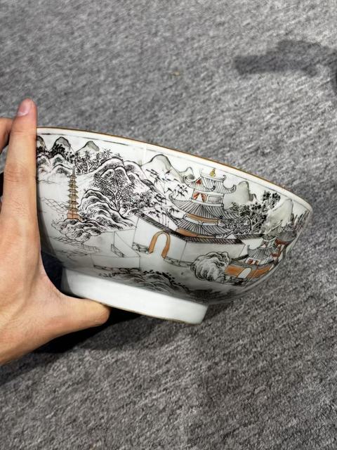 古玩陶瓷樓臺亭閣礬紅墨彩碗真品鑒賞圖