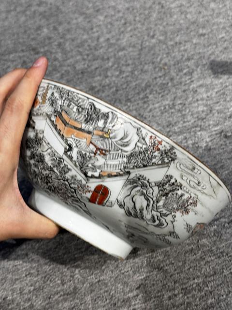 古玩陶瓷樓臺亭閣礬紅墨彩碗真品鑒賞圖