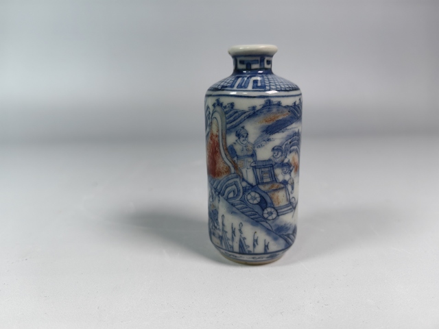 古玩陶瓷晚清青花釉里紅七擒孟獲人物故事紋鼻煙壺真品鑒賞圖