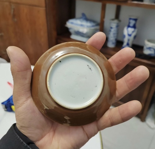 古玩陶瓷外紫金釉內青花飛鳴食宿蘆雁紋盤真品鑒賞圖