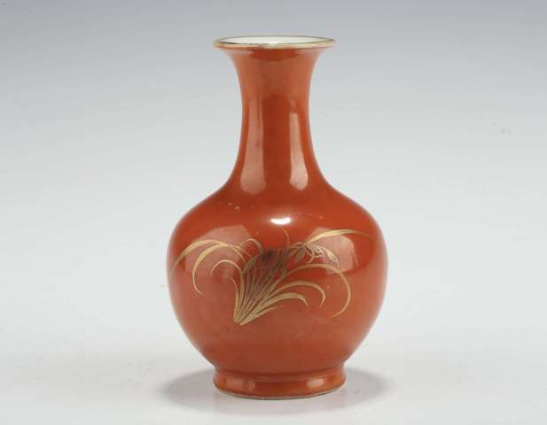 古玩陶瓷清末民初-**紅描金花卉紋玉壺春瓶拍賣，當前價格2699元
