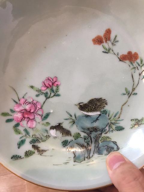 古玩陶瓷花鳥紋粉彩盤真品鑒賞圖