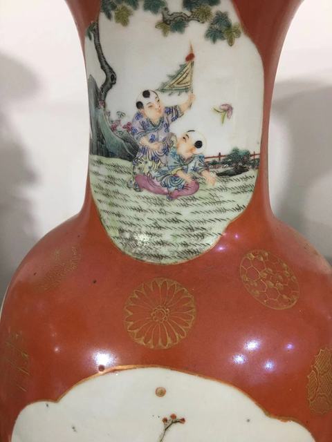古玩陶瓷珊瑚紅釉描金開光粉彩八仙瓶真品鑒賞圖