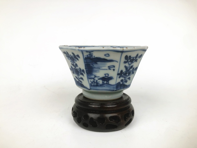 古玩陶瓷清康熙·青花山水樓閣八方杯真品鑒賞圖