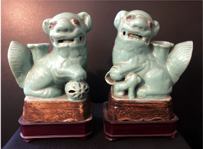 古玩陶瓷民國至解放初綠釉太師少師擺件真品鑒賞圖