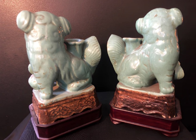 古玩陶瓷民國至解放初綠釉太師少師擺件真品鑒賞圖