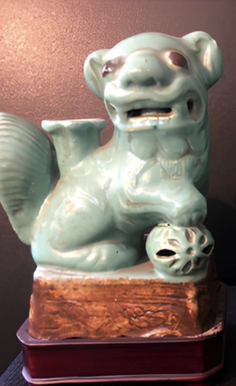 古玩陶瓷民國至解放初綠釉太師少師擺件真品鑒賞圖