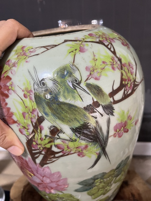 古玩陶瓷豆青釉淺絳彩花鳥紋冬瓜罐拍賣,當前價格999元