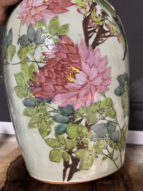 古玩陶瓷豆青釉淺絳彩花鳥紋冬瓜罐拍賣,當前價格999元
