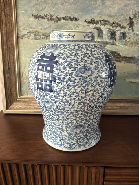 古玩陶瓷纏枝花囍字紋青花將軍罐真品鑒賞圖