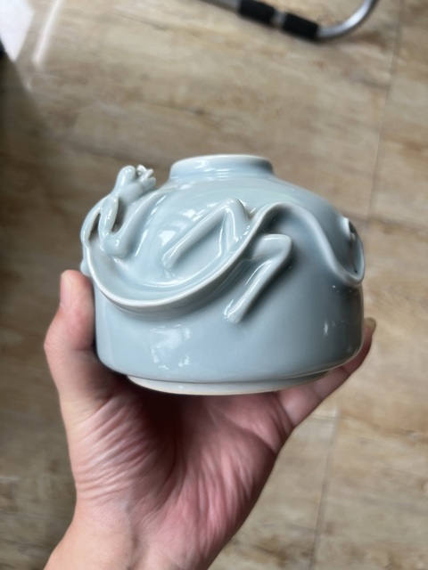 古玩陶瓷天藍釉盤螭龍紋水盂真品鑒賞圖