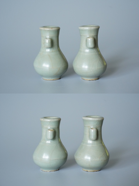 古玩陶瓷龍泉窯貫耳小瓶一對真品鑒賞圖