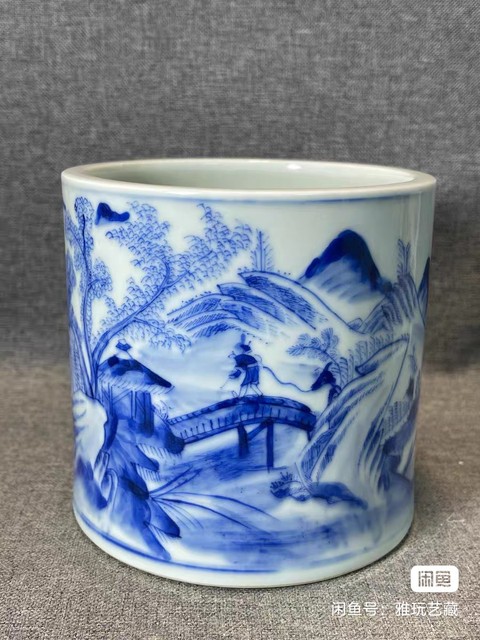 古玩陶瓷山水紋青花筆筒真品鑒賞圖