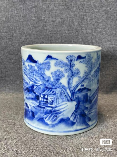 古玩陶瓷山水紋青花筆筒真品鑒賞圖