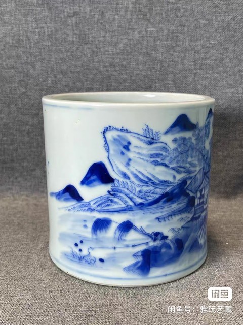 古玩陶瓷山水紋青花筆筒真品鑒賞圖