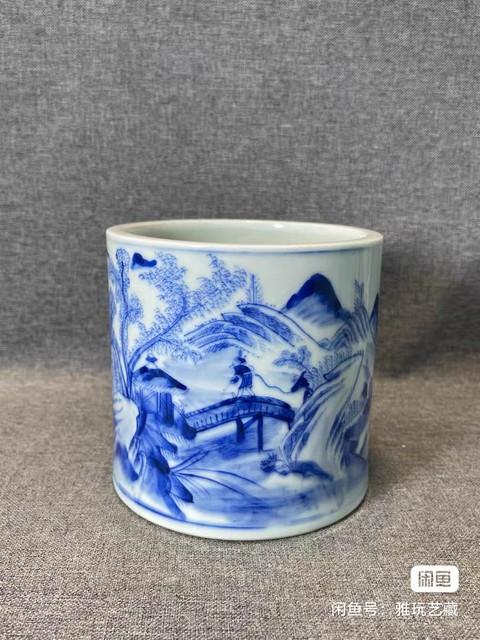 古玩陶瓷山水紋青花筆筒真品鑒賞圖