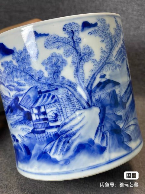 古玩陶瓷山水紋青花筆筒真品鑒賞圖
