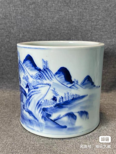 古玩陶瓷山水紋青花筆筒真品鑒賞圖