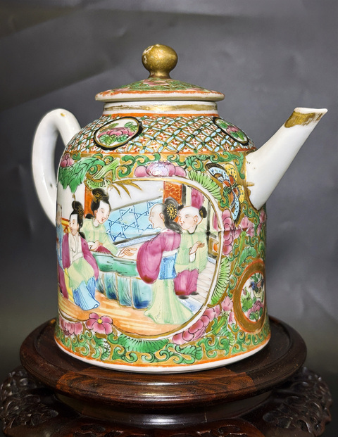 古玩陶瓷廣彩人物故事紋茶壺真品鑒賞圖