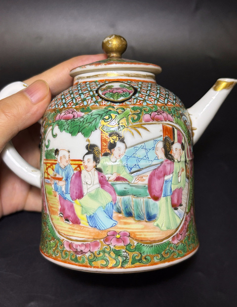 古玩陶瓷廣彩人物故事紋茶壺真品鑒賞圖