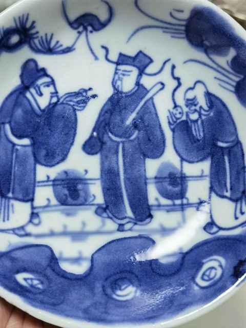 古玩陶瓷三星高照圖青花盤真品鑒賞圖