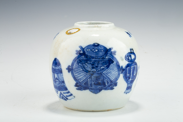 古玩陶瓷清晚·青花鐘鼎博古紋罐拍賣，當前價格3111元