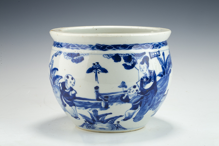 古玩陶瓷清晚·青花仕女教子圖案缸真品鑒賞圖