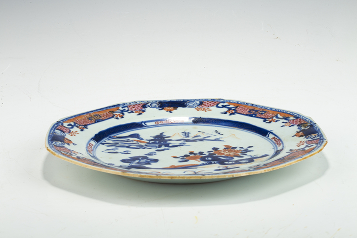 古玩陶瓷清中·青花粉彩山水圖八方盤真品鑒賞圖
