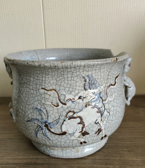 古玩陶瓷哥釉彩繪麒麟紋香爐真品鑒賞圖