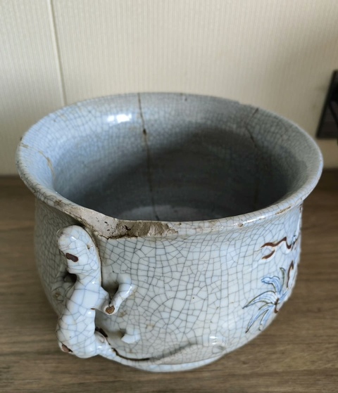 古玩陶瓷哥釉彩繪麒麟紋香爐真品鑒賞圖