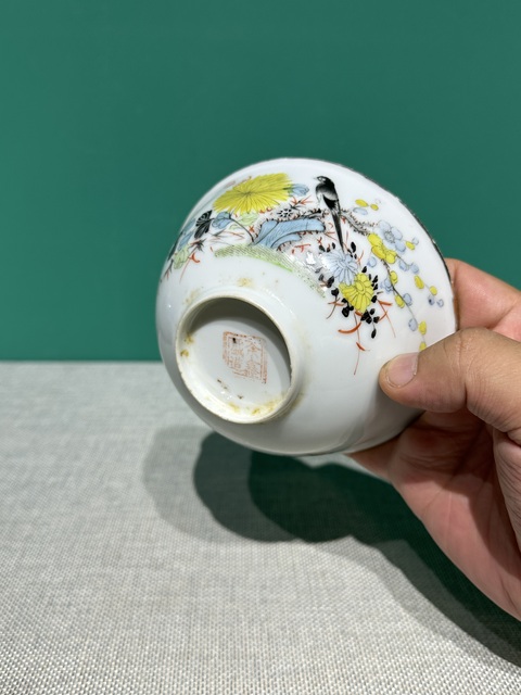 古玩陶瓷民國粉彩花鳥紋碗國慶放漏真品鑒賞圖