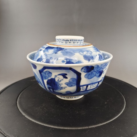 古玩陶瓷人物紋青花蓋碗真品鑒賞圖