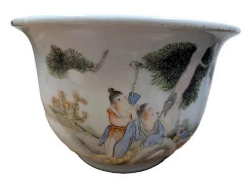 古玩陶瓷粉彩人物故事花盆真品鑒賞圖