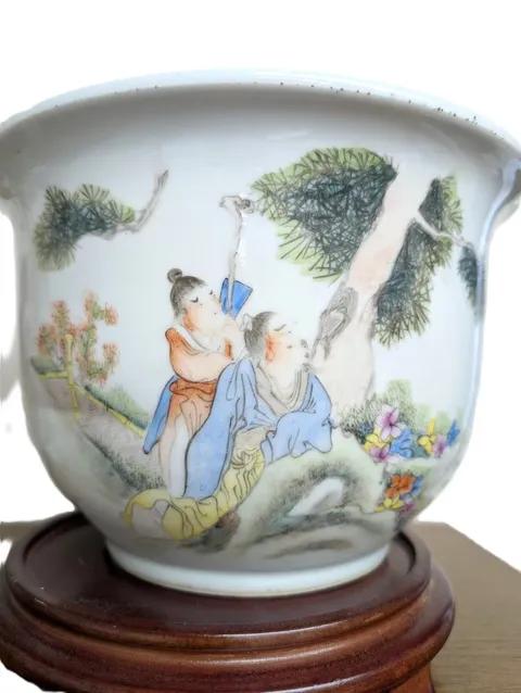 古玩陶瓷粉彩人物故事花盆真品鑒賞圖
