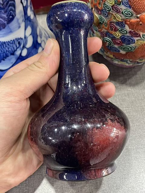 古玩陶瓷窯變釉蒜頭瓶真品鑒賞圖