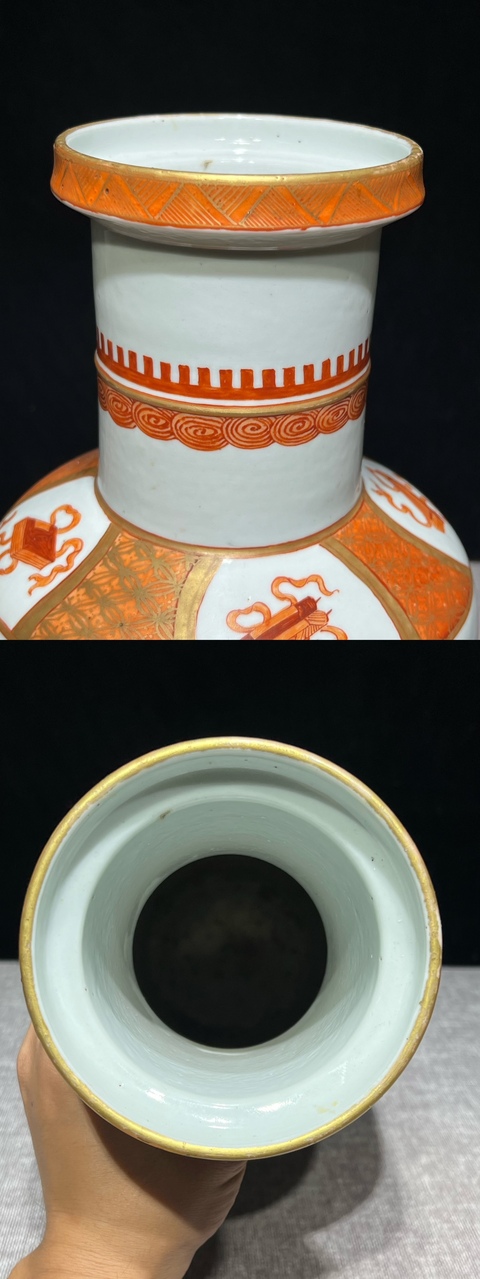 古玩陶瓷礬紅描金瑞獸紋棒槌瓶真品鑒賞圖