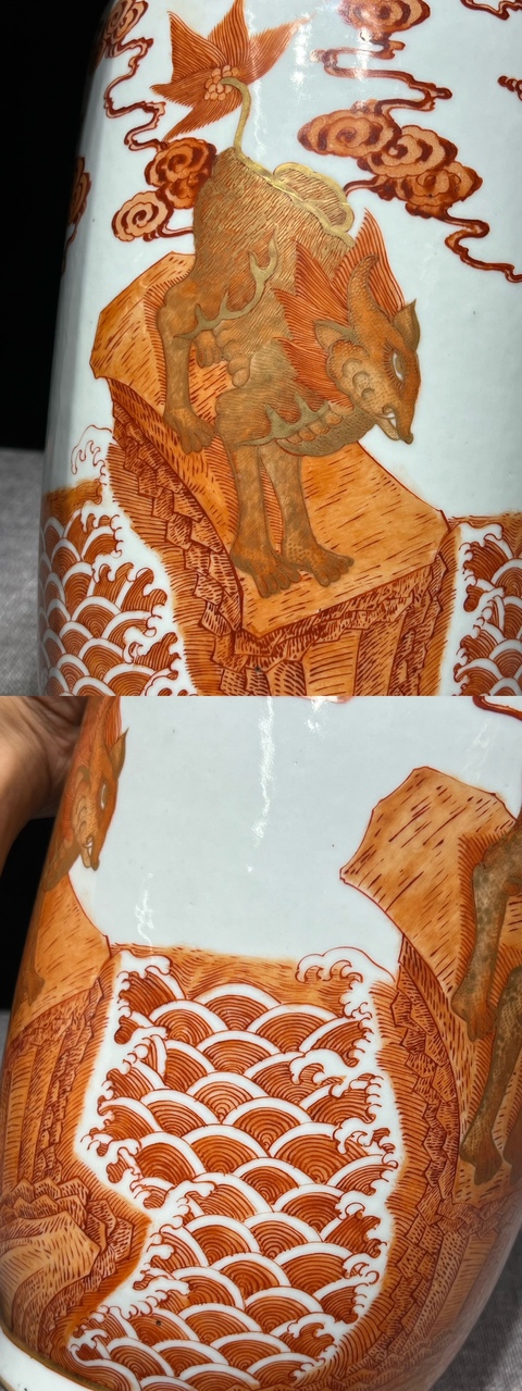 古玩陶瓷礬紅描金瑞獸紋棒槌瓶真品鑒賞圖