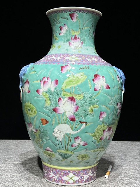 古玩陶瓷松石綠粉彩一路連科瓶真品鑒賞圖