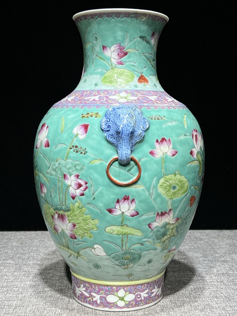 古玩陶瓷松石綠粉彩一路連科瓶真品鑒賞圖