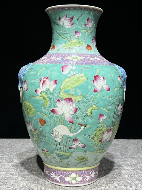 古玩陶瓷松石綠粉彩一路連科瓶真品鑒賞圖