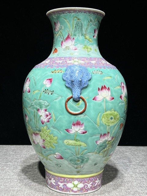 古玩陶瓷松石綠粉彩一路連科瓶真品鑒賞圖