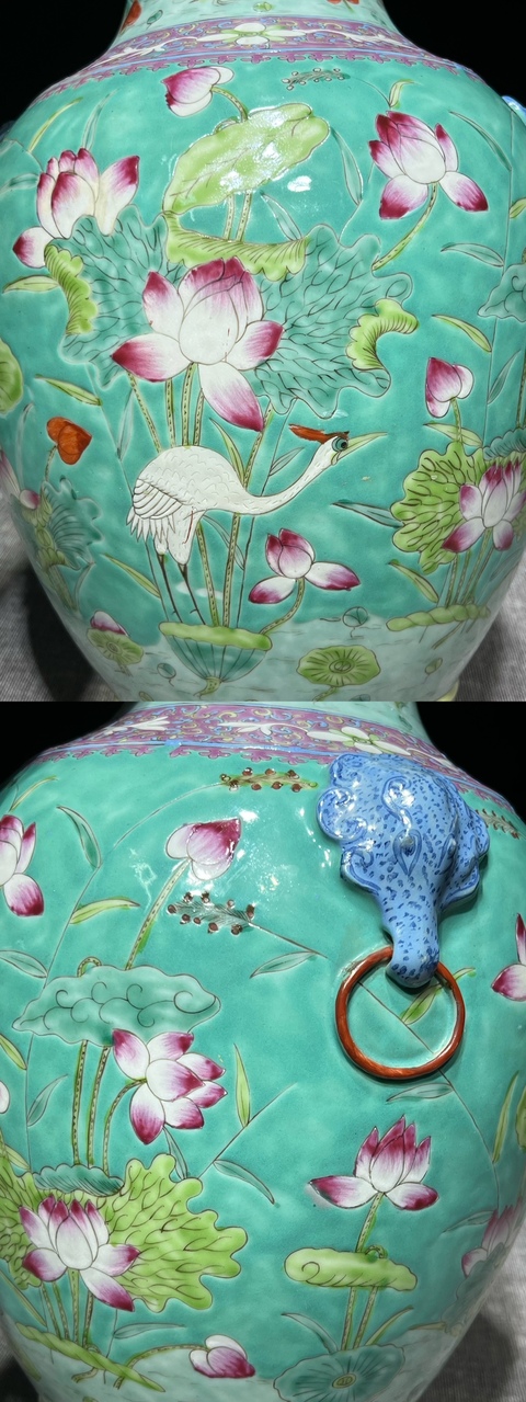 古玩陶瓷松石綠粉彩一路連科瓶真品鑒賞圖