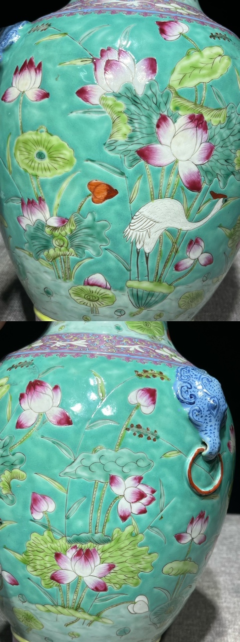 古玩陶瓷松石綠粉彩一路連科瓶真品鑒賞圖