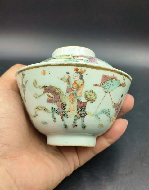 古玩陶瓷麒麟送子粉彩蓋碗拍賣,當前價格499元