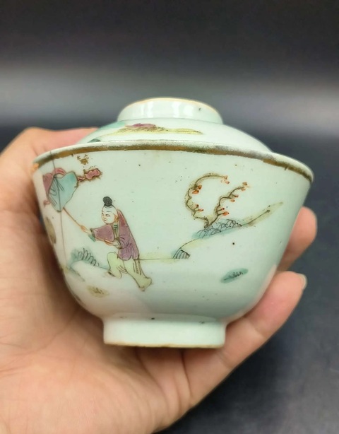 古玩陶瓷麒麟送子粉彩蓋碗拍賣,當前價格499元