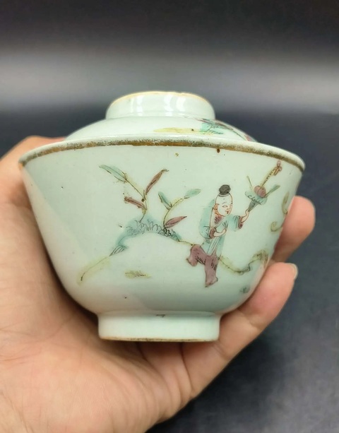 古玩陶瓷麒麟送子粉彩蓋碗拍賣,當前價格499元