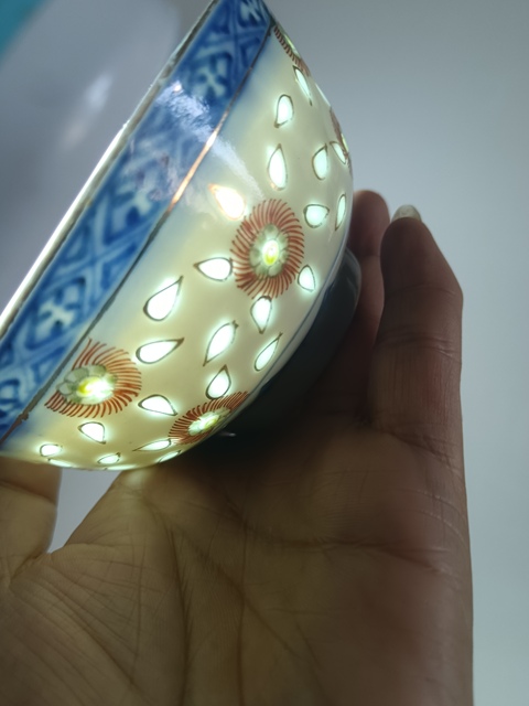 古玩陶瓷清末民初～青花加彩花卉紋玲瓏碗拍賣，當前價格978元